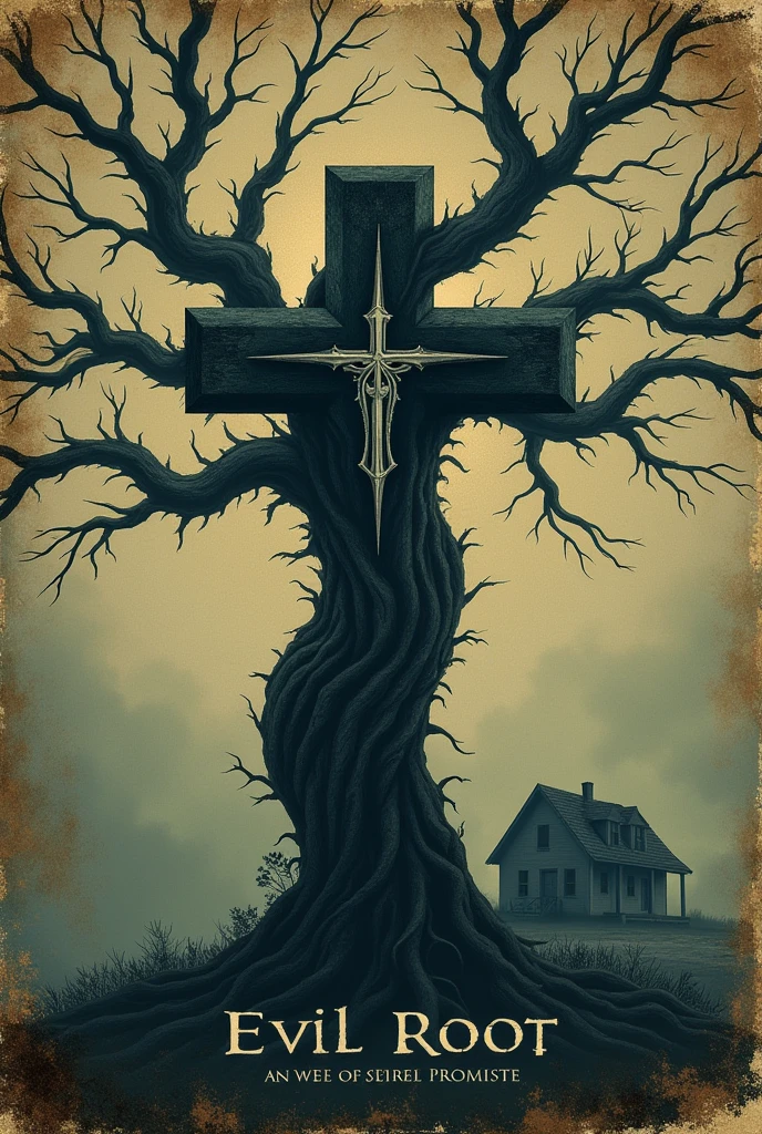Create a cover for my book which is about horror ,His name is evil root. There has to be a tree, the name evil root and an inverted cross, but make a vintage image and make it a little minimalist, but make it more terrifying. Make it more realistic and less like the name evil root and have a little house nearby, but with the appearance of an old cover and with the name evil root in the middle and with a very haunted appearance, a little more realistic with the cross embedded in the trunk of the tree.