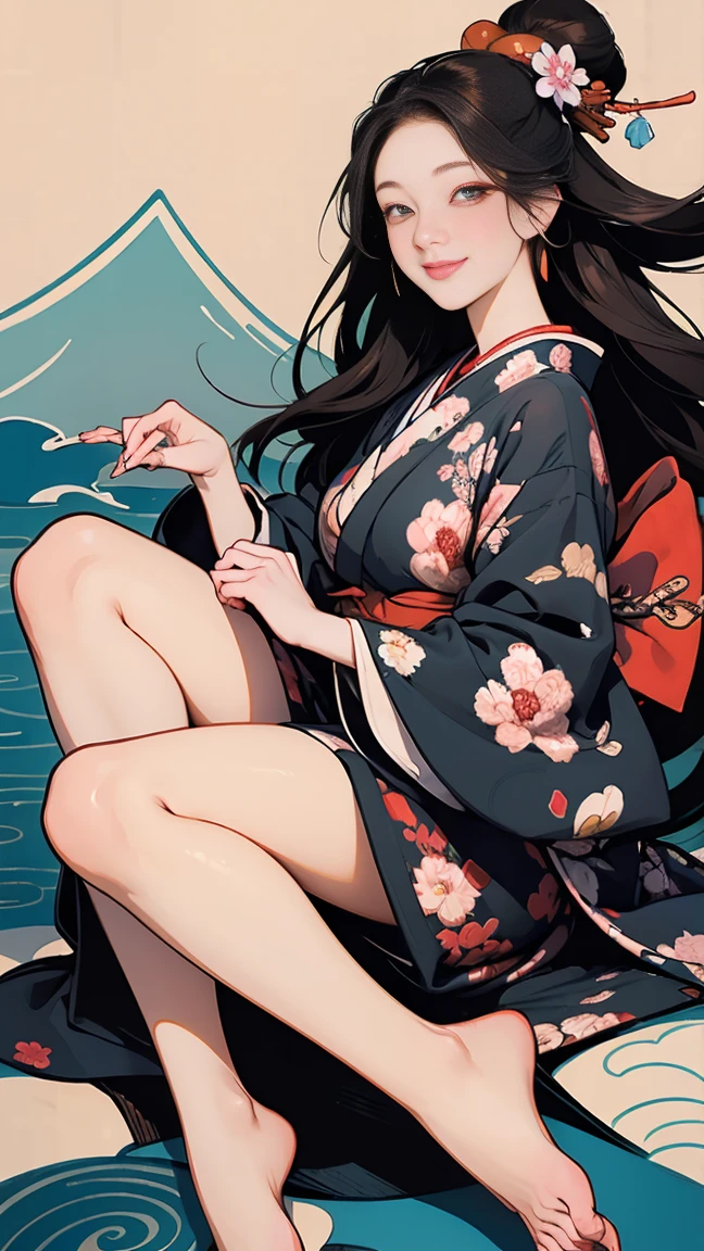 A beautiful woman smiles and shows her upper white teeth、Vividly colored Japanese Ukiyo-e style illustrations、(SeaArt creates stunning illustrations of beautiful women in kimono)、Brown-black long hair、Beautiful full body style、Let's dance a little Tokyo Ondo Yoiyoi、Beautiful digital painting,、Bright vibrant digital anime art、 Detailed digital anime art、 Beautiful anime portraits、background、Torii gate of a shrine in Kyoto, Japan、Detailed CG、