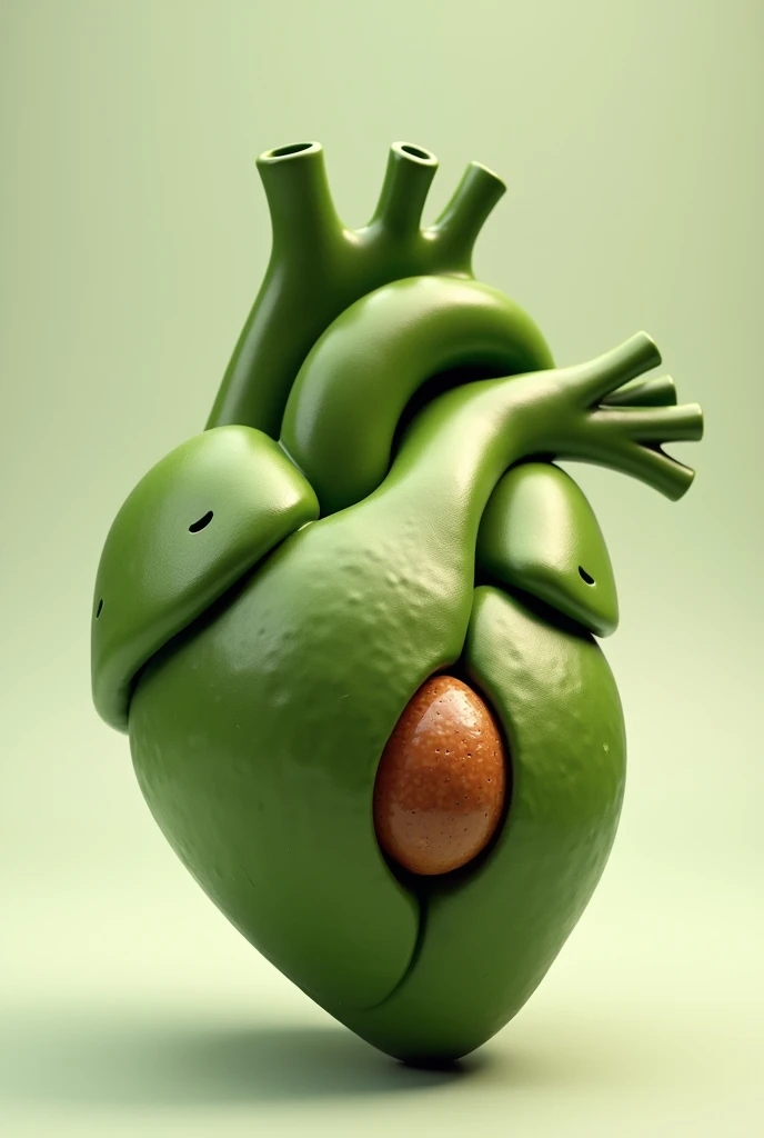 Create an avocado in the shape of an anatomical heart, that its texture is smooth and that in one part of the heart you can see the avocado seed