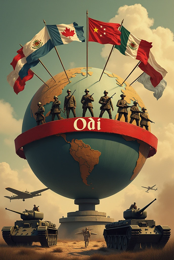Orb with 10 flags of Latin countries around it,inside the globe soldiers of the First World War with weapons, armored tanks and bombers in front the name ODI inside a red ribbon