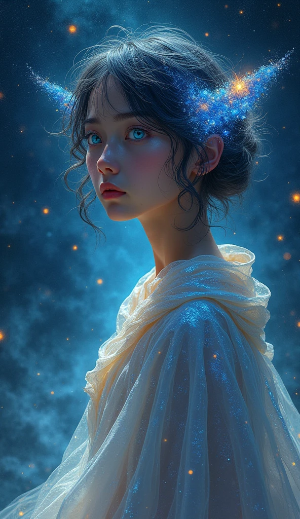 A mysteriously ephemeral celestial wanderer, perfect and expressive face, crystalline eyes, sparkle of stars in her hair, facing the observer, whose silhouette blends perfectly with the cosmic backdrop of swirling stars and galaxies. This conceptual artwork is a digital painting that features intricate detail and depth. The wanderer's iridescent cape glows with ethereal stellar hues, every fold and curve illuminated by an otherworldly glow. His eyes, wells of profound mystery, seem to hold secrets from the universe itself. A mesmerizing image that transports viewers to a realm beyond imagination, capturing the essence of celestial beauty and enigma.