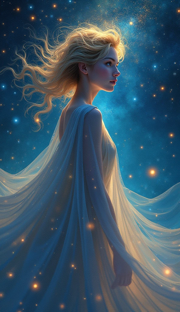 A mysteriously ephemeral celestial wanderer, perfect and expressive face, crystalline eyes, sparkle of stars in her hair, facing the observer, whose silhouette blends perfectly with the cosmic backdrop of swirling stars and galaxies. This conceptual artwork is a digital painting that features intricate detail and depth. The wanderer's iridescent cape glows with ethereal stellar hues, every fold and curve illuminated by an otherworldly glow. His eyes, wells of profound mystery, seem to hold secrets from the universe itself. A mesmerizing image that transports viewers to a realm beyond imagination, capturing the essence of celestial beauty and enigma.