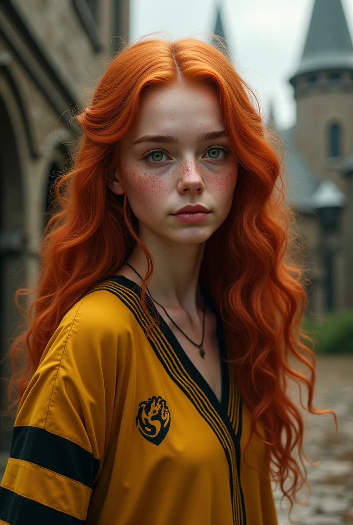 elle s'appelle nora smith, she is redheaded with long curly hair, she has lots of freckles, she has dark green eyes/marrons et elle porte un uniforme de poufsouffle à poudlard