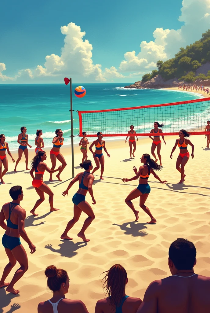  the beach, the volleyball, the event logo and dates, black-skinned people and white-skinned people, and spectators
