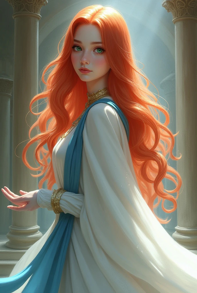 Crystal Elara Starling is a young woman of stunning and ethereal beauty. She has long red hair., that falls in soft waves to the waist. His skin is a pale tone, almost glowing, and his eyes are a deep green that seem to glow with an inner glow. Crystal wears a white and sky blue habit, adorned with gold details, which reflects its origin in the convent of Salvis Lux Mundi. The habit is elegant but simple, with a gracefully flowing cape and no cap, allowing your hair to show freely. His presence is serene and his bearing reflects a mixture of determination and calm..