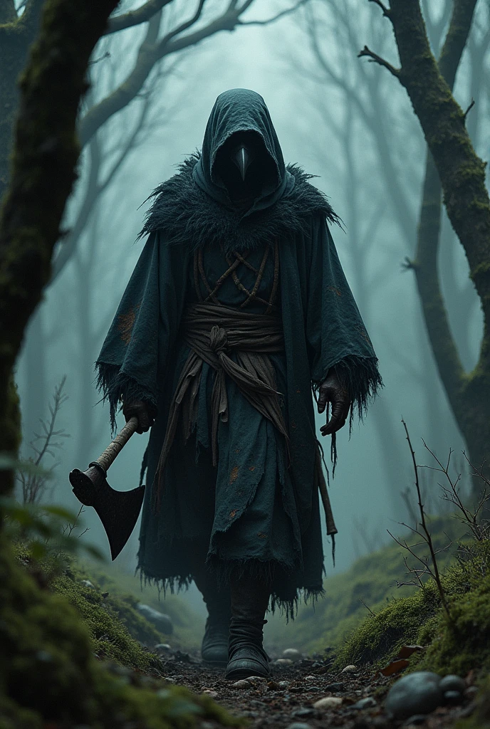 A survivor of the black plague, with crow mask, walking in the dark forest, with an axe in his hand, looking straight ahead