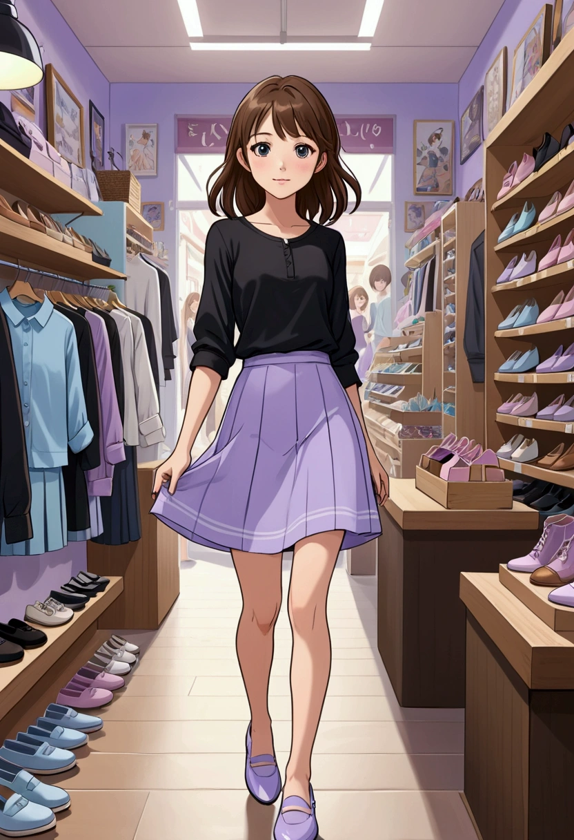 Create a beautiful anime-style image of a beautiful young British girl with straight, loose brown hair, wearing a black three-quarter sleeve shirt and a light skirt with details in light blue and lilac transversal lines, on her feet she wears light lavender flat shoes, she is in a shoe store; she is surrounded by people who love her and is having fun with all of them.