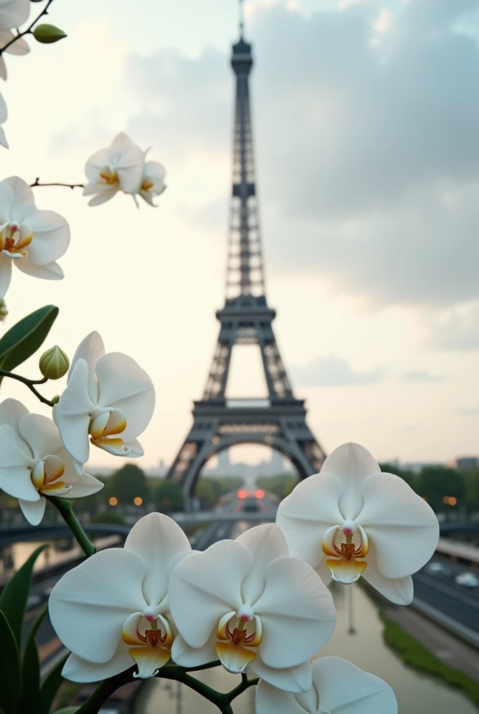 create me a picture with the effiel tower with white orchid flowers.