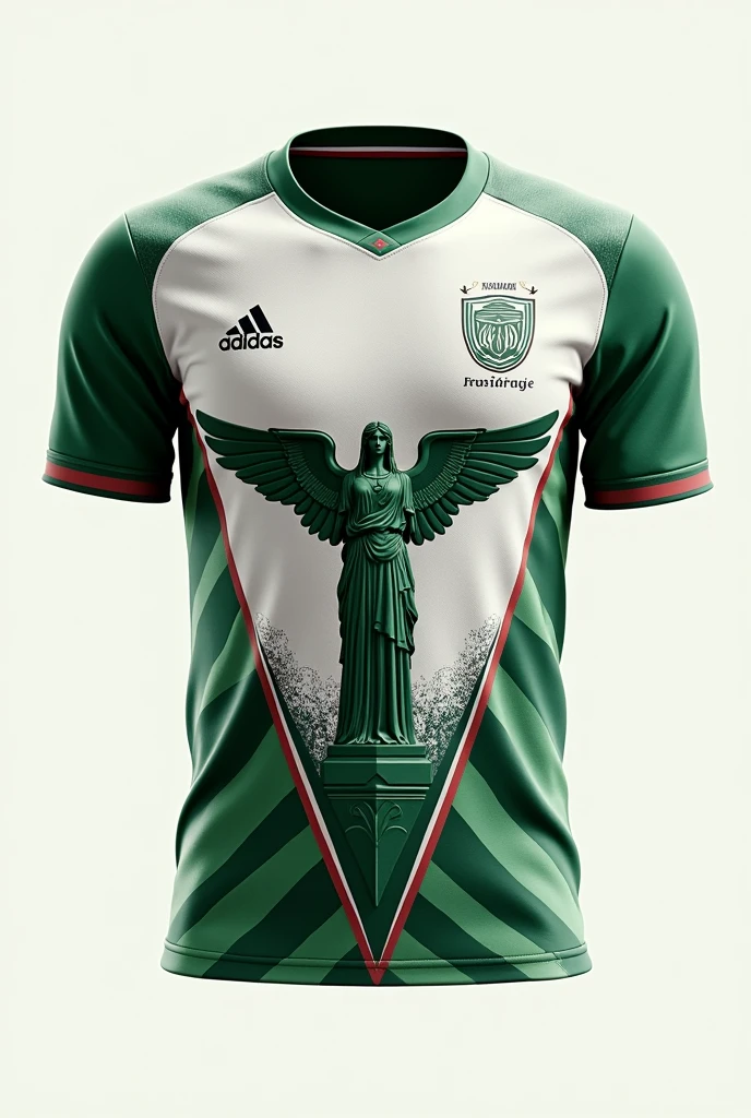 Generates the alternate shirt of Mexico with the angel of independence in white and green with stripes representing the Mayan culture