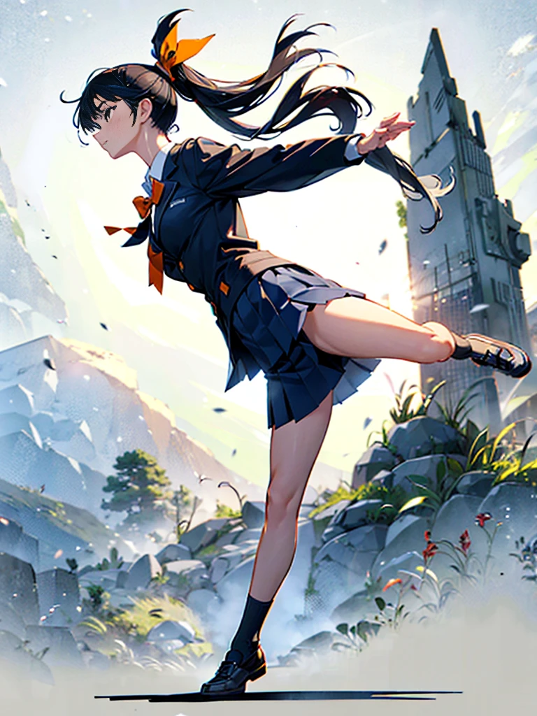 one person, Karate Stance,High Kick,Black Hair, ponytail, Slim body,Small breasts,Bad mood, Slanted Eyes, Character profile, high school student,Navy blue blazer,White blouse,Orange bow ribbon tie,Grey below-the-knee skirt,Vanishing Point, Ultra Wide Angle, Japanese illustration style, 