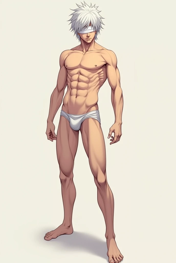 A young naked muscular anime man with white hair with a blindfolf. He has a big dick and his bare feet are showing