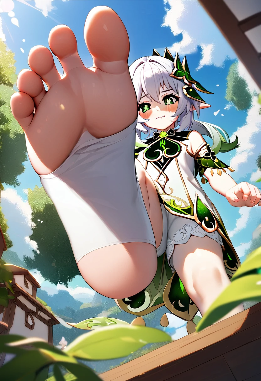 1girl, 1girl, nahida \(genshin impact\), genshin impact, stirrup socks, stepping,(pov from below:1.3), stepped on, pov, low angle, no shoes, feet, looking down, angry, toes, one foot out of frame, leg lift, foot focus, barefoot, standing on one leg, depth of field, outdoors,( foreshortening:1.2), facial blur, blurry face, building, city, sky, cloud, giantess, mega size, masterpiece, best quality, absurdres, ultra detailed