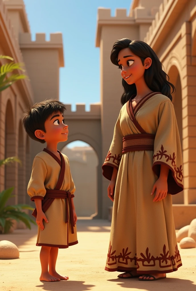 Boy with his Israelite mother next to an Israelite priest animated pixar