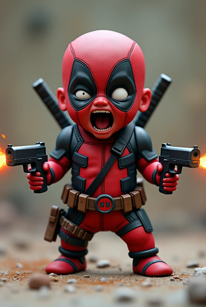 Deadpool as a baby in his red suit shooting guns into the air and screaming with rage