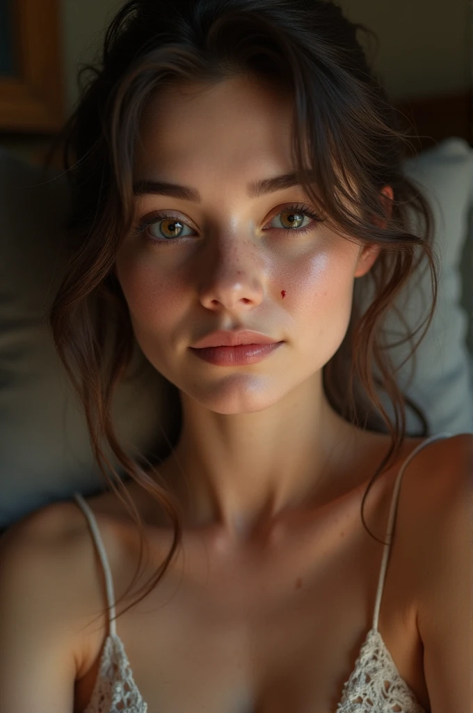 Young woman looks satisfied sperm on face