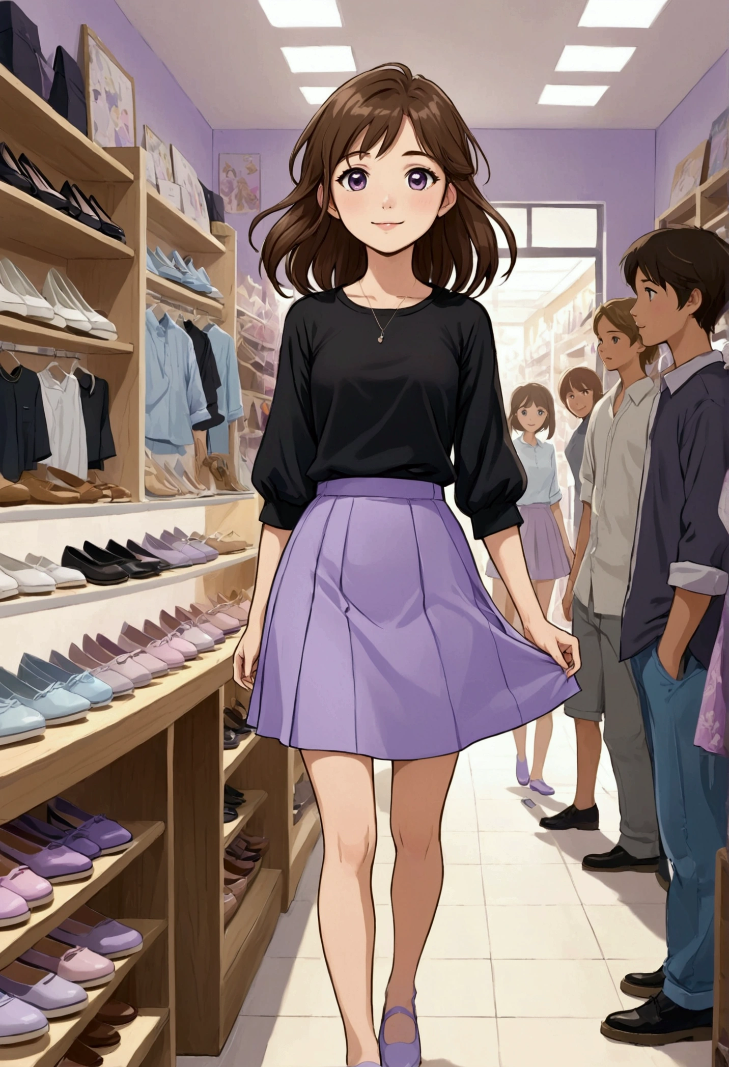 Create a beautiful anime-style image of a beautiful young British girl with straight, loose brown hair, wearing a black three-quarter sleeve shirt and a light skirt with details in light blue and lilac transversal lines, on her feet she wears light lavender flat shoes, she is in a shoe store; she is surrounded by people who love her and is happy, having fun with all of them.