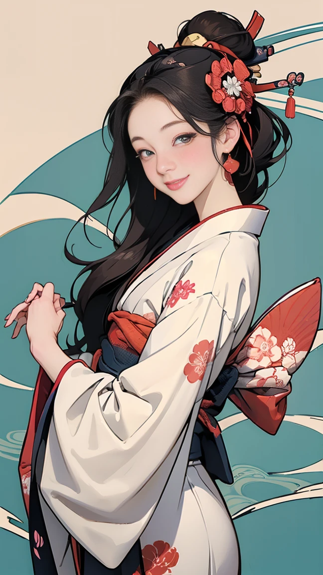 A beautiful woman smiles and shows her upper white teeth、Vividly colored Japanese Ukiyo-e style illustrations、(SeaArt creates stunning illustrations of beautiful women in kimono)、Brown-black long hair、Beautiful full body style、Let's dance a little Tokyo Ondo Yoiyoi、Beautiful digital painting,、Bright vibrant digital anime art、 Detailed digital anime art、 Beautiful anime portraits、background、Torii gate of a shrine in Kyoto, Japan、Detailed CG、