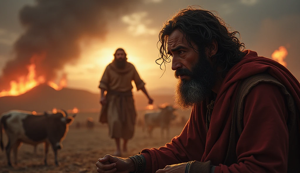"Create a scene where Job is receiving devastating news from a series of messengers. Job is seated or standing in the foreground, looking distressed and overwhelmed. A second messenger is arriving, breathless, to deliver more bad news. The background should include a hint of the destruction, such as burning fields or livestock, to emphasize the calamity. The sky is dark and stormy, reflecting the sorrow and tension of the moment. The overall mood should convey a sense of relentless disaster and Job's growing despair."