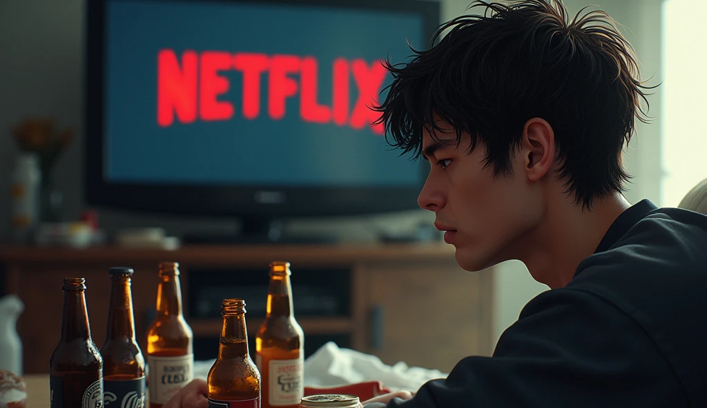 Realistic illustration of a man in closeup, expression of discouragement, jaded, Messy hair, a television with netflix, a coffee table with beers and mess.
