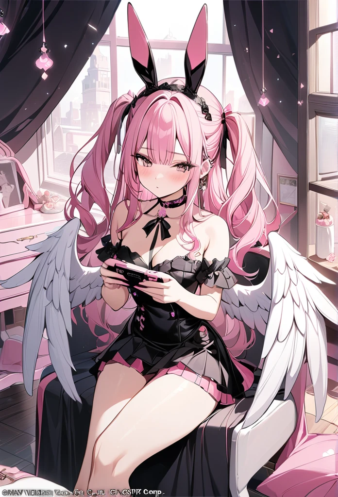 ,playing mobile game々)vtuber, sexy innocent beauty, pink sakura shaped choker, (masterpiece, highest quality), official art, beautiful and aesthetic: 1.2), (1 girl), very detailed, (pink scree art: 1.3), pink colorful, pink long hair、bunny ear、 whole body, angel wings, black ta, playing mobile game,