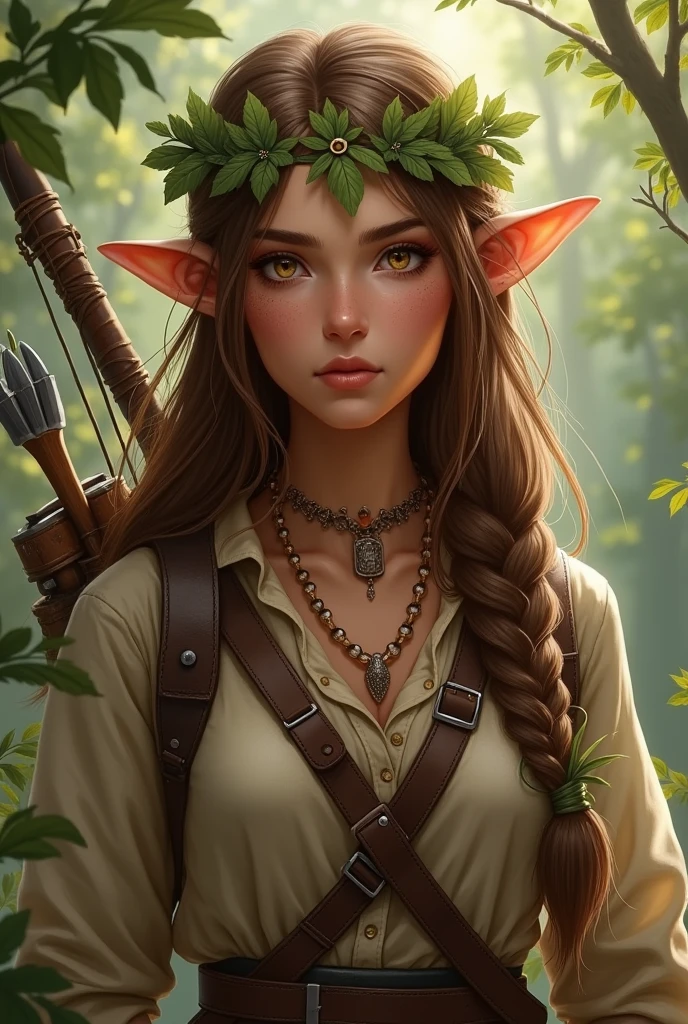 Beautiful half-elf of 1.72m high. Long brown hair with left side braid. brown skin, eyes the color of honey. Dressed as an explorer and with a headband of oak leaves on her head. Uses a hand crossbow as a weapon