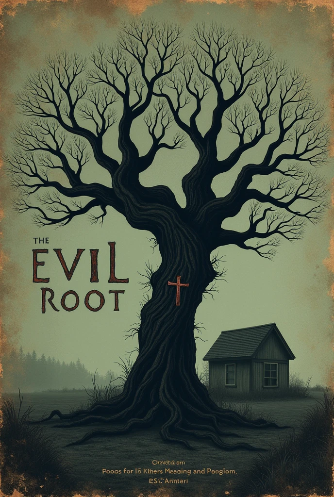 Create a cover for my book which is about horror ,His name is evil root. There has to be a tree, the name evil root and an inverted cross, but make a vintage image and make it a little minimalist, but make it more terrifying. Make it more realistic and less like the name evil root and have a little house nearby, but with the appearance of an old cover and with the name evil root in the middle and with a very haunted appearance, a little more realistic with the cross embedded in the trunk of the tree.