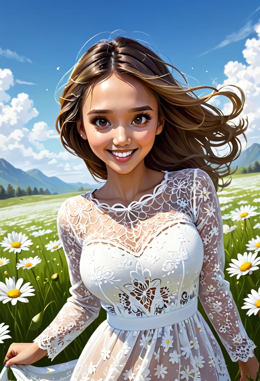 Jessica Alba. svelte, lean curvaceous-figure. cute long sleeved. lace boho dress. k-cup sized breasts. short and dainty. Official Art – An Award-Winning Digital Masterpiece In 4K Ultra HD, Extreme Detail And Intricate Realism. This Concept Art Brought To Life By The Hands Of Artists Like Wlop & Artgerm In A Stunning 2D Vector Illustration. . happy, smiling cheerful face. Frolicking in a magical meadow of daisies.