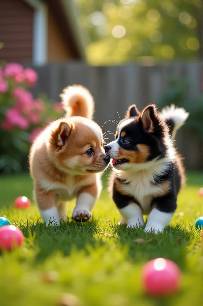 ((best quality)), ((masterpiece)), (detailed), perfect faceA close-up of Milo and Luna sniffing each other, then transitioning into playful interaction. The yard around them is vibrant, filled with blooming flowers, colorful toys scattered around, and a gentle breeze rustling the leaves.Action: Milo and Luna start chasing each other around the yard, jumping over toys and rolling on the grass, showcasing their newfound