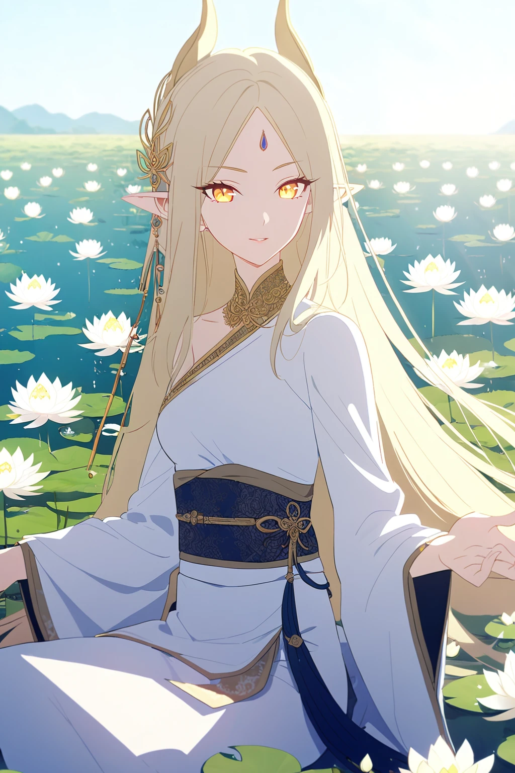 1woman, elven ears, light god, light blonde hair, longest hairstyle, glowing yellow eyes, lotus fields, thai style, elegant, traditional thai clothes,
