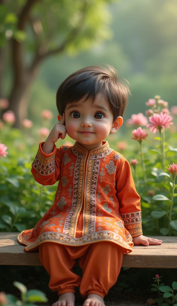 A beautiful Muslim child wearing Pakistani dress sitting on a bench in a garden with one finger on the side of his head thinking something.