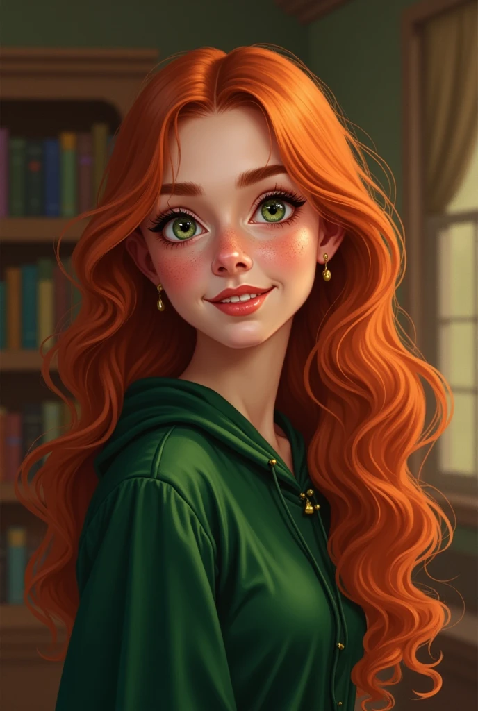 elle s'appelle nora smith, she is redheaded with long curly hair, she has lots of freckles, she has dark green eyes/marrons et elle fait partie de la maison poufsouffle