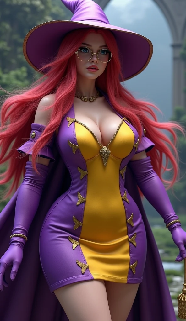 Create a live-action image of the gender-swapped version of Chamoro (Mara) from Dragon Quest VI. The character should have long, flowing red hair, which is entirely covered by a hat in the same purple and yellow color scheme as the outfit. The female version has a larger chest, with the original outfit modified to emphasize this feature. The outfit should be divided evenly into purple and yellow, with each color covering half of the dress. The dress is more form-fitting, with a lower neckline to reveal prominent cleavage and a shorter skirt to highlight her curves. The character should wear glasses and matching purple gloves. The background should reflect the enchanting, magical world of Dragon Quest VI, evoking a sense of fantasy and mystique. The overall look should stay true to the character’s origins, translating it into a realistic, live-action style that highlights her feminine features while maintaining the original color scheme and design of her clothing.