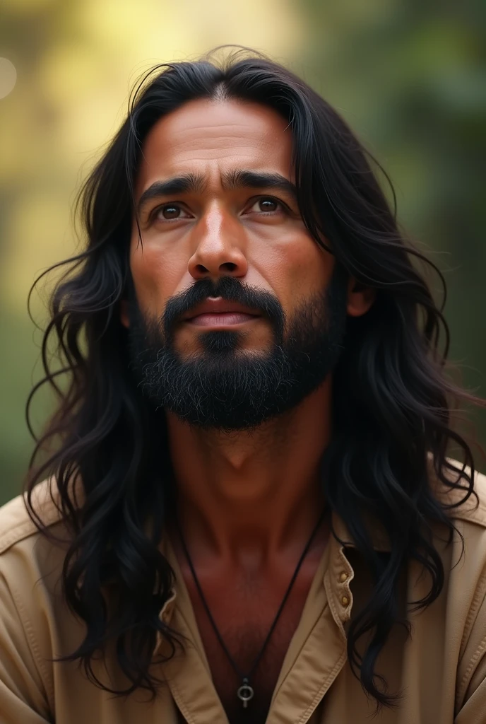 I am a 4 Mexican man, I have long black hair down to my neck., short black closed beard, and I want to generate an image of myself that describes a growth in my being, with a future full of peace and spiritual tranquility . Finding a family and a home again