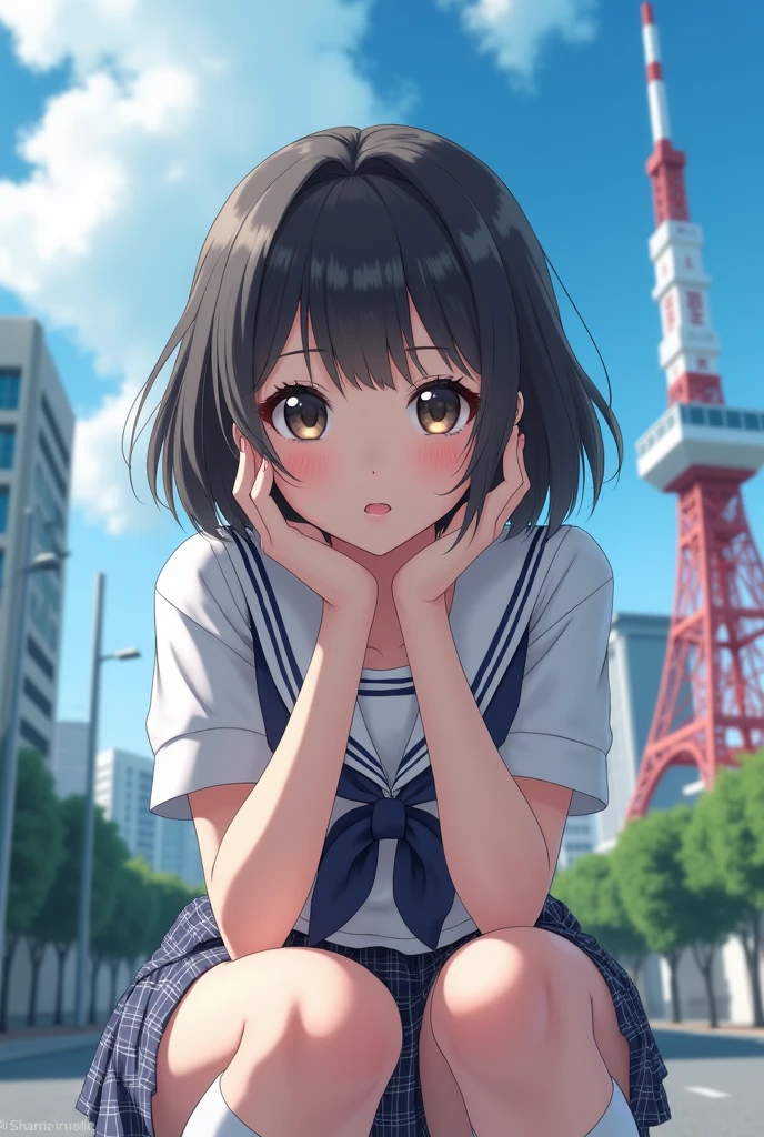 yuihirasawa, Yui Hirasawa, short hair, Brown Hair, hair ornaments, (Brown eyes:1.5),blush,smile,White oversized one-shoulder sweater,Black pleated skirt,White Pantyhose,short boots,Hair Clip,((Panties in full view))、smile、Overlooking the city from the top of the hill、Beautiful sunset、the wind is strong、whole bodyがイラストに入るように,
break otdoors, 丘
break looking at viewer, whole body、
break (masterpiece:1.2), Highest quality, High resolution, unity 8k wallpaper, (shape:0.8), (Beautiful and beautiful eyes:1.6), Highly detailed face, Perfect lighting, Extremely detailed CG, (Perfect hands, Perfect Anatomy),
