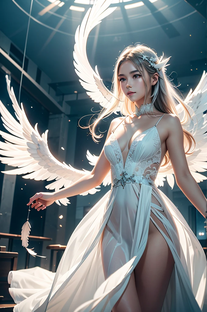 Beautiful angel in white dress, art station chengwei, halo, white feathers