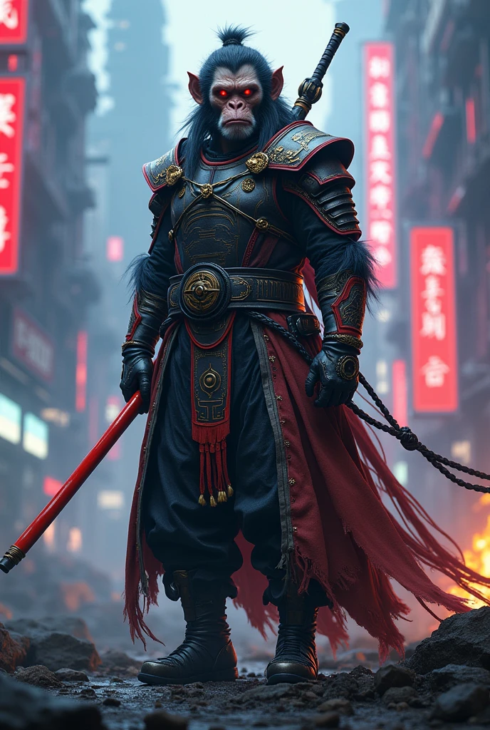 Wukong、孫Wukong、かっこいい孫Wukong、cyberpunk style, hood, neon lights, high-tech clothing, Ruyi stick、Sengoku Warlord Fashion、battlefield scene、Serious expression、 Inspired by Wukong、4K Graphics、