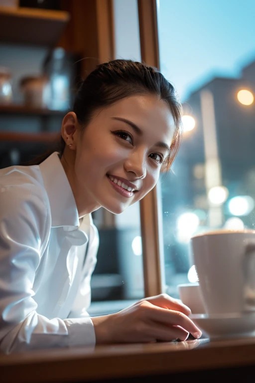 (8k, RAW photo, best quality, masterpiece), (photorealistic), outstanding details, ultra-high resolution, anatomically correct, textured skin, (Extremely precise and accurate anatomy),
Ultra Detailed Face, Detailed Eyes, 

1 Girl, (barista) , ( barista uniform) , forehead, (pulled back hair:1.2) , 
(Cute Japanese girl , 1), light smile,
cinematic lighting in the hair, hair light, wind in the hair,
(open cafe), coffee, 

(backlighting), 
(reflection light from below:1.4), 
atmospheric perspective, depth of field, 
(dramatic lighting), cinematic lighting, 