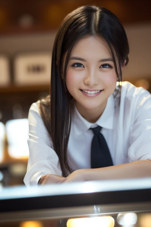 (8k, RAW photo, best quality, masterpiece), (photorealistic), outstanding details, ultra-high resolution, anatomically correct, textured skin, (Extremely precise and accurate anatomy),
Ultra Detailed Face, Detailed Eyes, 

1 Girl, (barista) , ( barista uniform) , forehead, (pulled back hair:1.2) , 
(Cute Japanese girl , 1), light smile,
cinematic lighting in the hair, hair light, wind in the hair,
(open cafe), coffee, 

(backlighting), 
(reflection light from below:1.4), 
atmospheric perspective, depth of field, 
(dramatic lighting), cinematic lighting, 