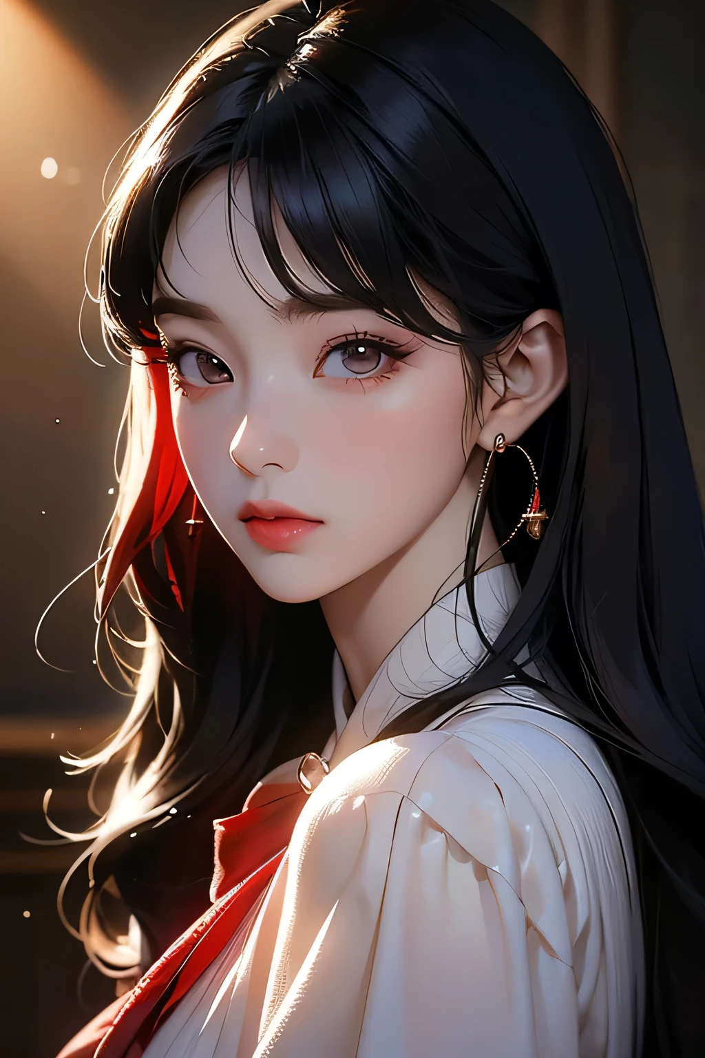 Bae irene, a beautiful young woman with black hair with bangs, wearing a red velvet dress, heart earrings, red hair bow, 1girl, beautiful detailed eyes, beautiful detailed lips, extremely detailed eyes and face, long eyelashes, high fashion, elegant, cinematic lighting, dramatic lighting, intricate details, photorealistic, 8k, ultra-detailed, best quality, masterpiece, vibrant colors, glowing skin, volumetric lighting, natural pose, dynamic composition, dramatic lighting, chiaroscuro, cinematic framing, moody atmosphere, elegant, glamorous