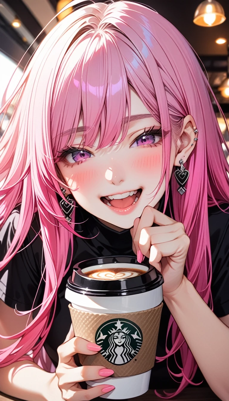 USE 3 COLOR, High resolution, masterpiece, Highest quality, Ultra high definition, ２Colored Hair, one person, 独奏, Earrings, Close your mouth, Close-up, Drinking coffee at a cafe,Black to pink gradation hair,very loud laugh