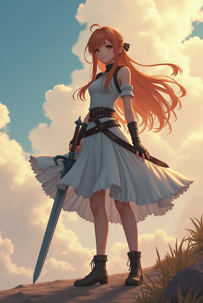 game「Final Fantasy」Theme. Image of a bronze-haired girl standing with her favorite sword , pastel colour, Dramatic Tone. Highest resolution masterpiece , Image Type: Semi-Real