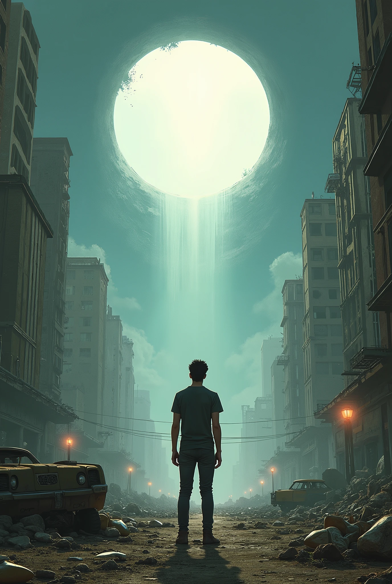The image depicts a young man standing in the midst of a post-apocalyptic city, gazing into a massive hole that leads to a bright light in the sky.