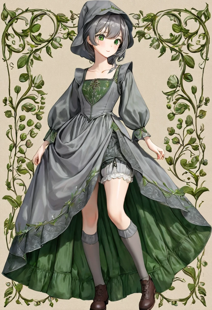 Realistic panties and bloomers made from patterned cotton fabric, Medieval grey one-piece dress with green embroidery and panniers, Fabric Realism, Low Angle, I see bloomers, Pull up the dress by hand, Strong winds, Translucent slip, Translucent slip, tights, Highest quality, Crotch close-up, whole body, Skirt lining
