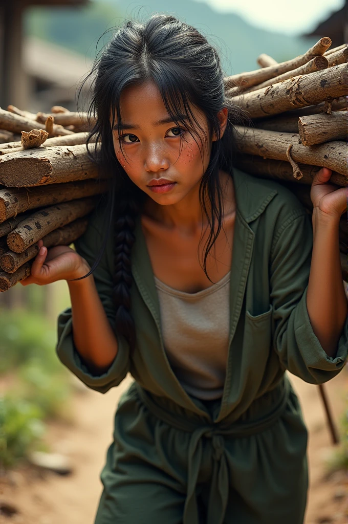 asian woman working, carrying wood, with sweat on her face