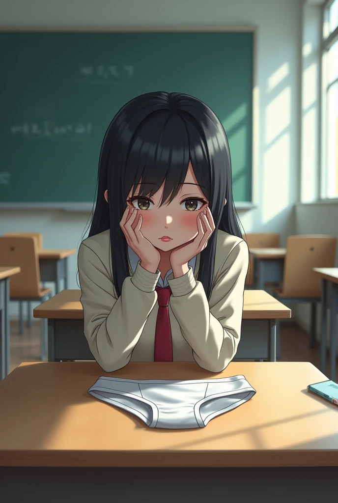 in a classroom, a young korean girl, with underwear lying on the table