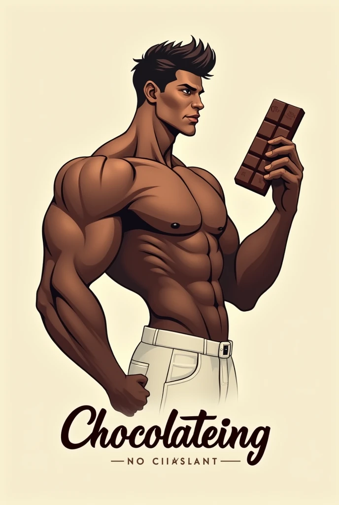 Create a logo for my chocolate company with a powerful and charismatic figure holding Chocolate in a minimalist style and with a text that says "I am stronger I am better " and after the text put the name of my company "Chocolateing"