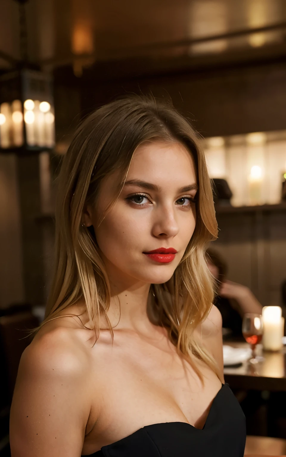 blonder woman, (eyes you see), 1 young man , Perfect beauty, medium length hair, just below the shoulder, she is made up, with a low-cut black dress, she is in a fancy restaurant, she is wearing red lipstick