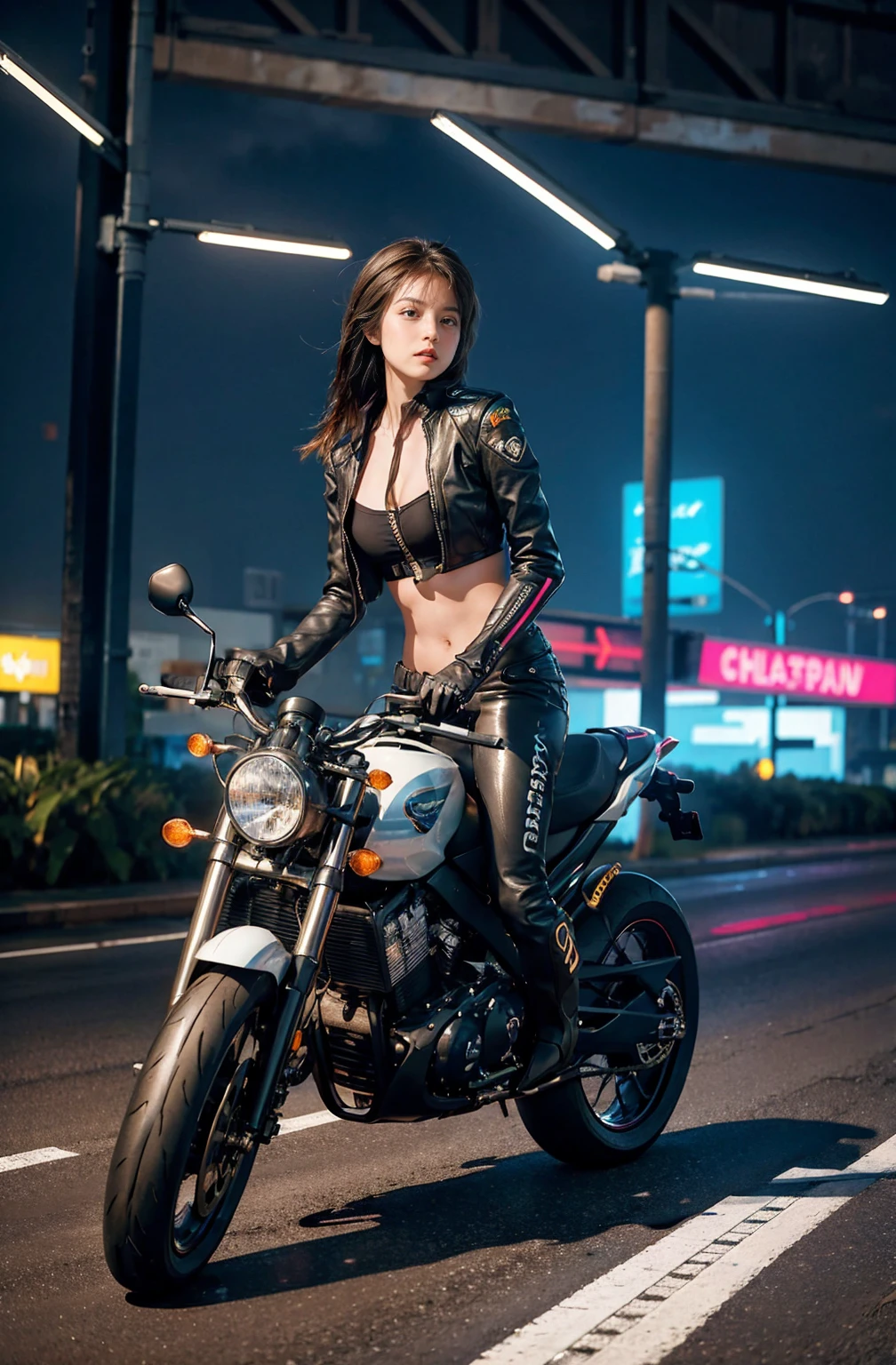 highest quality, masterpiece, photograph, 4K, photographrealistic, very detailed,
One girl riding a motorcycle, tech wear, cyberpunk city, alone, futuristic, With the Metropolitan Expressway in the background、background neon、wear open-chested clothes
