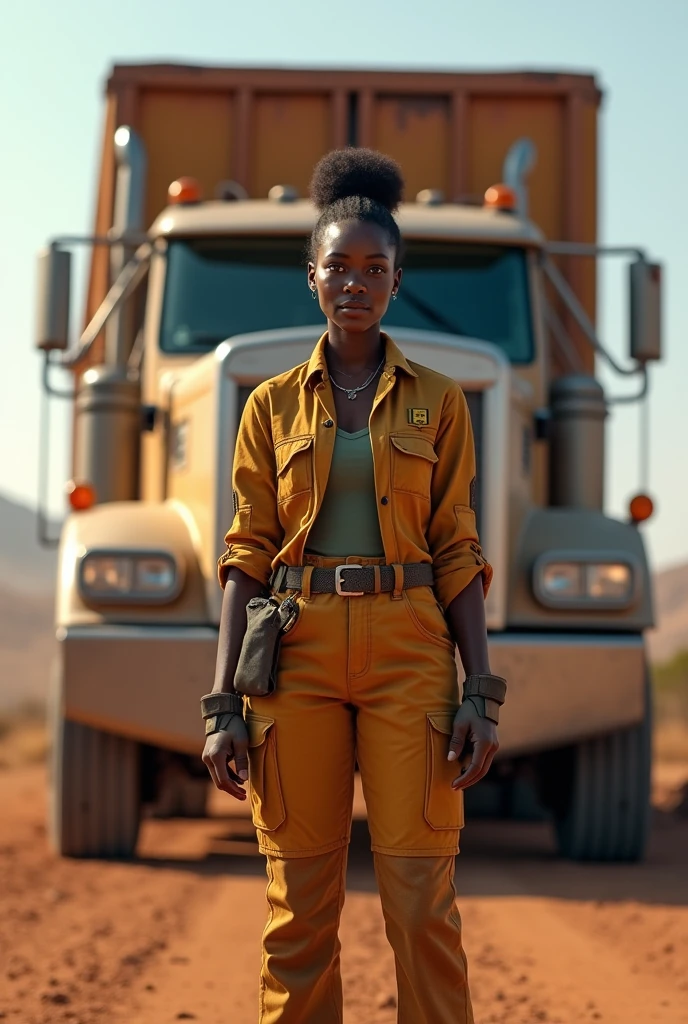 African female truck driver standing in front of the cargo 1 trailer truck