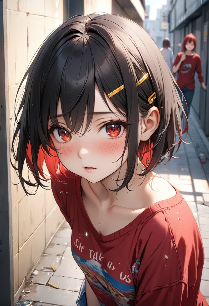 (8k, RAW Photos, Highest quality, masterpiece: 1.2), masterpiece, Super Detail,Best lighting, (Realistic and photorealistic photography: 1.4), High-resolution RAW color photos, Highly detailed mouth,ung cute girl, Background Blur, blush, Depth of written boundary, Hair between the eyes,short hair,(red inner hair with yellow hairpin:1.2),(red eyes:1.3),(Oily skin:1.1), Embarrassed,),Black Hair,in the messy Restroom,glitter skin,short,young,,medium breasts,Looking at viewer,random cloth,(she is walking nearby us on the pavement and talk to us:1.3)